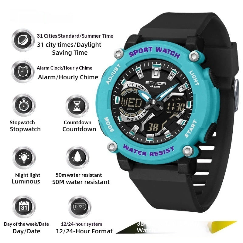 Students dual-display luminous chronograph hiking watch with digital and analog faces