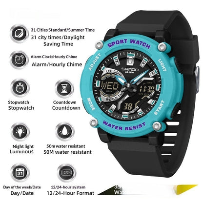 Students dual-display luminous chronograph hiking watch with digital and analog faces