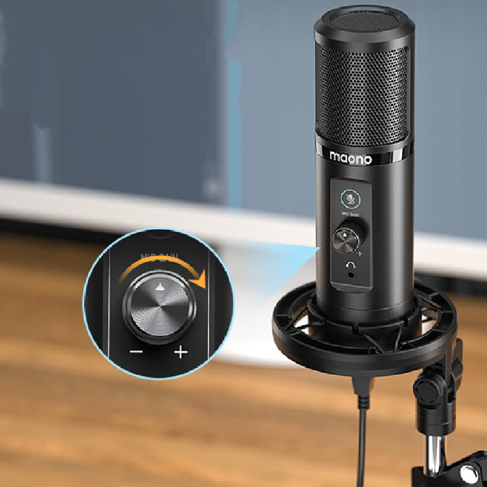 USB capacitor microphone for computer desktop and notebook use with adjustable stand and black finish