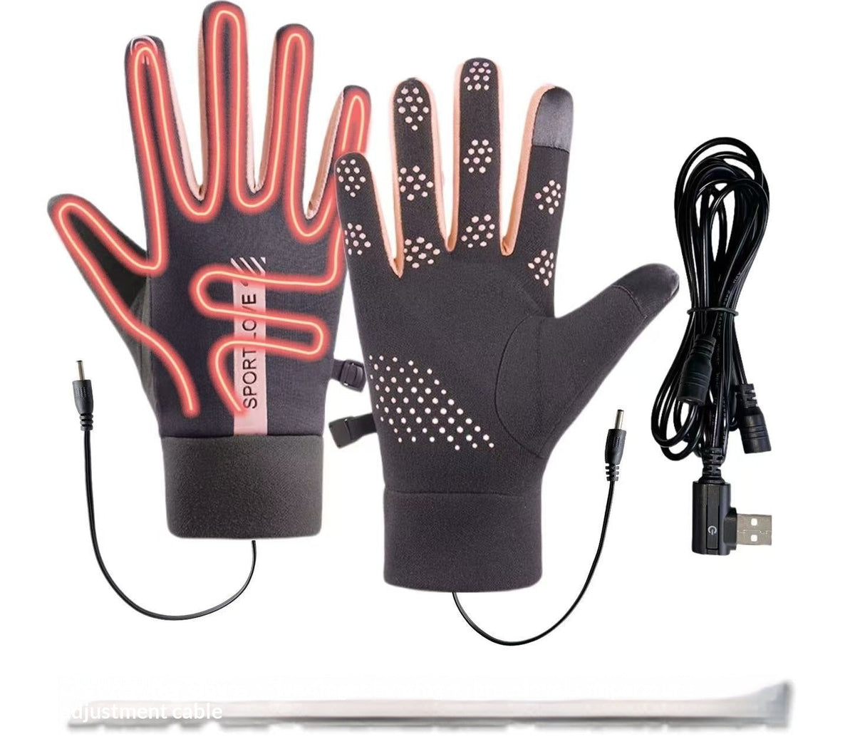 Outdoor waterproof USB heated gloves with three-setting temperature control, black pair shown from above