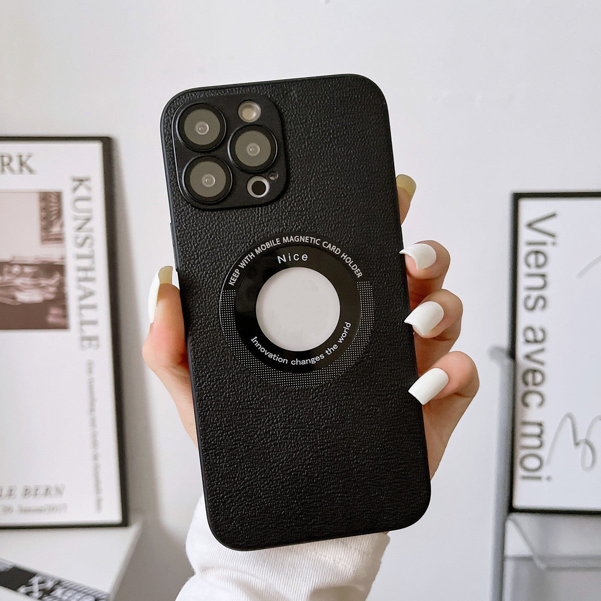 iPhone 15 Pro litchi grain leather phone case, textured protective cover