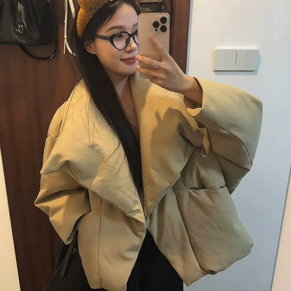 Women's short cotton coat with large lapel and warm outerwear design in a solid color