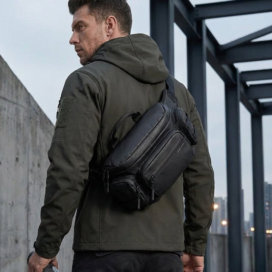 Outdoor motorcycle riding large-capacity multifunctional crossbody bag in black with adjustable strap