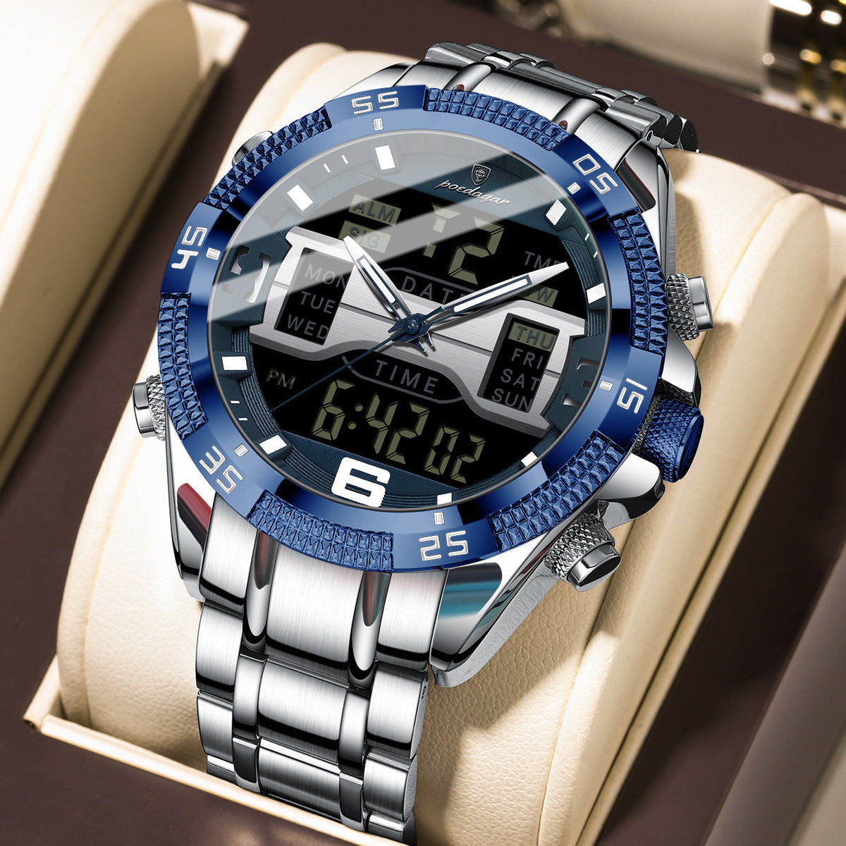Multifunctional men's electronic watch with digital display and durable wristband