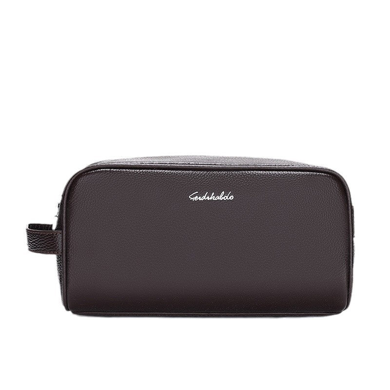 Men's leather clutch wallet handbag in a compact rectangular design with zip closure and wrist strap