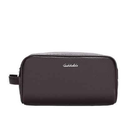 Men's leather clutch wallet handbag in a compact rectangular design with zip closure and wrist strap