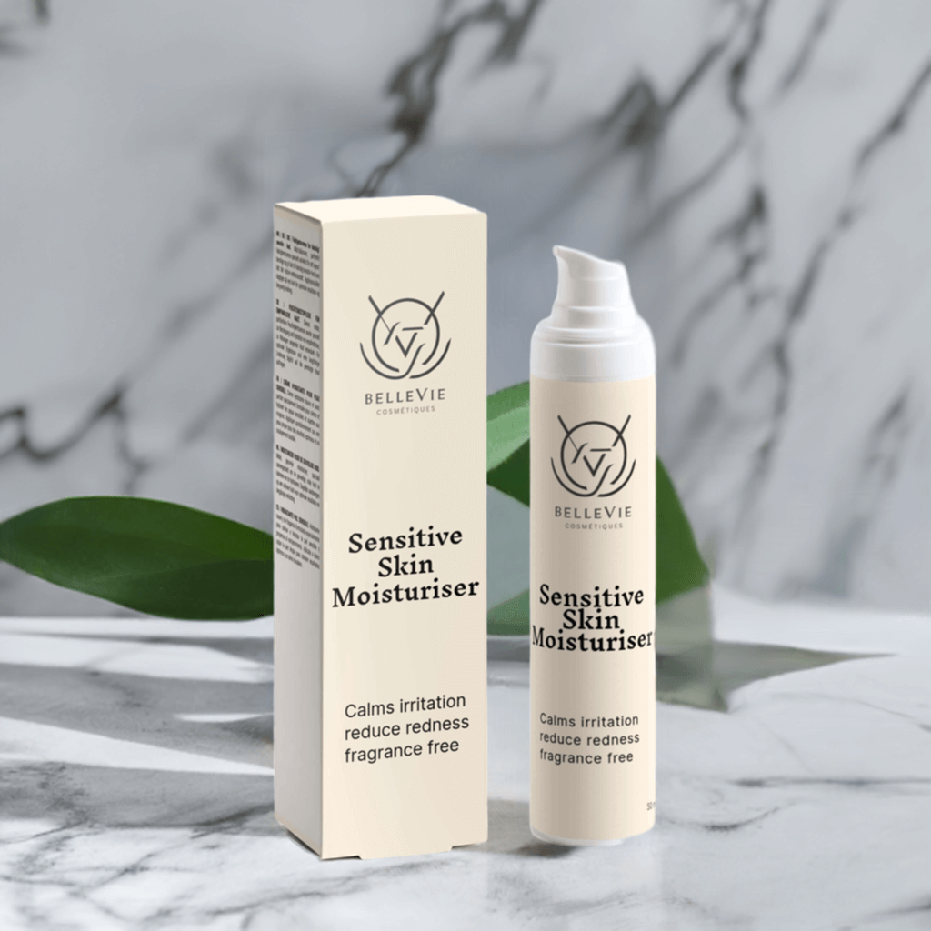 Fragrance-free BelleVie Cosmétiques Sensitive Skin Moisturiser 50ml jar with calm, hydrating formula for sensitive skin.