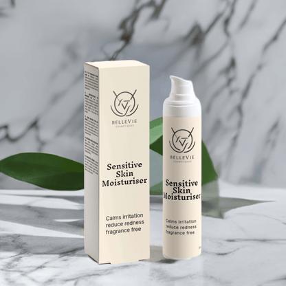 Fragrance-free BelleVie Cosmétiques Sensitive Skin Moisturiser 50ml jar with calm, hydrating formula for sensitive skin.