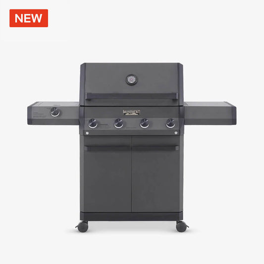 Eminence 425 Monument Grills 6-burner propane gas grill with stainless steel finish and multiple control knobs.