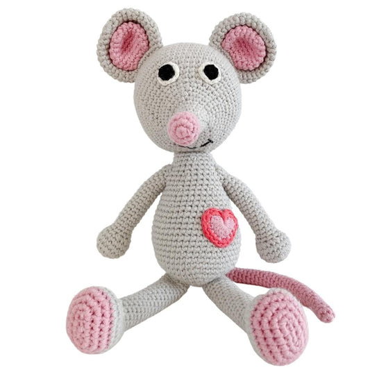 Handmade organic cotton stuffed animal Emma the mouse by Bebemoss, soft and adorable plush toy for children.