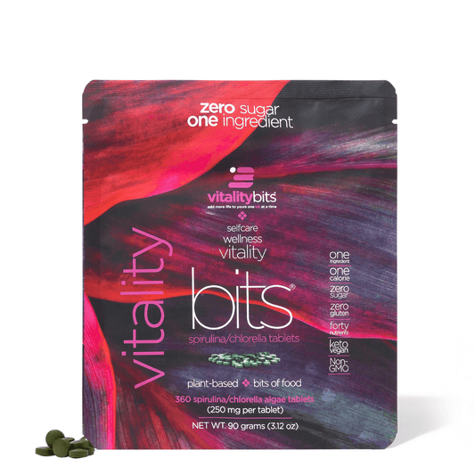 Small VITALITYbits® bag by ENERGYbits, containing nutrient-packed seaweed supplements in a compact, portable packaging.