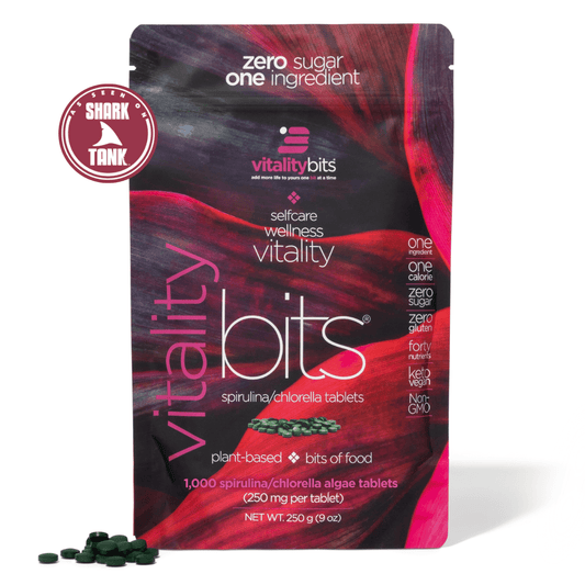Large bag of ENERGYbits VITALITYbits Spirulina and Chlorella algae supplement for health and energy support.