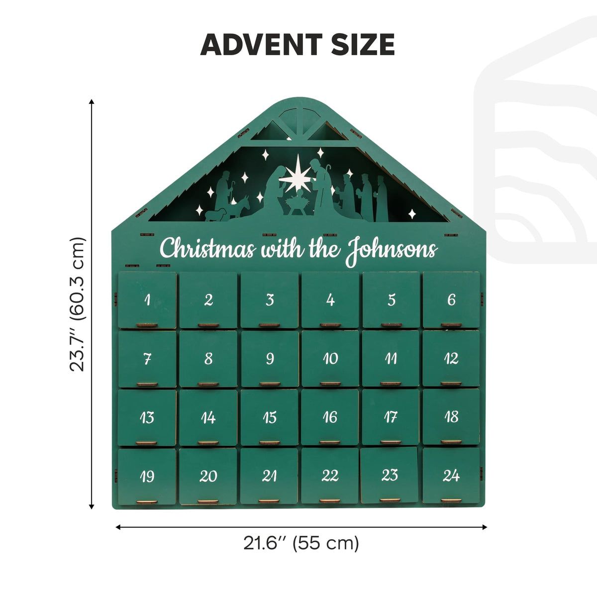 Green Christmas Advent Calendar by Enjoy The Wood with numbered compartments for holiday countdown.