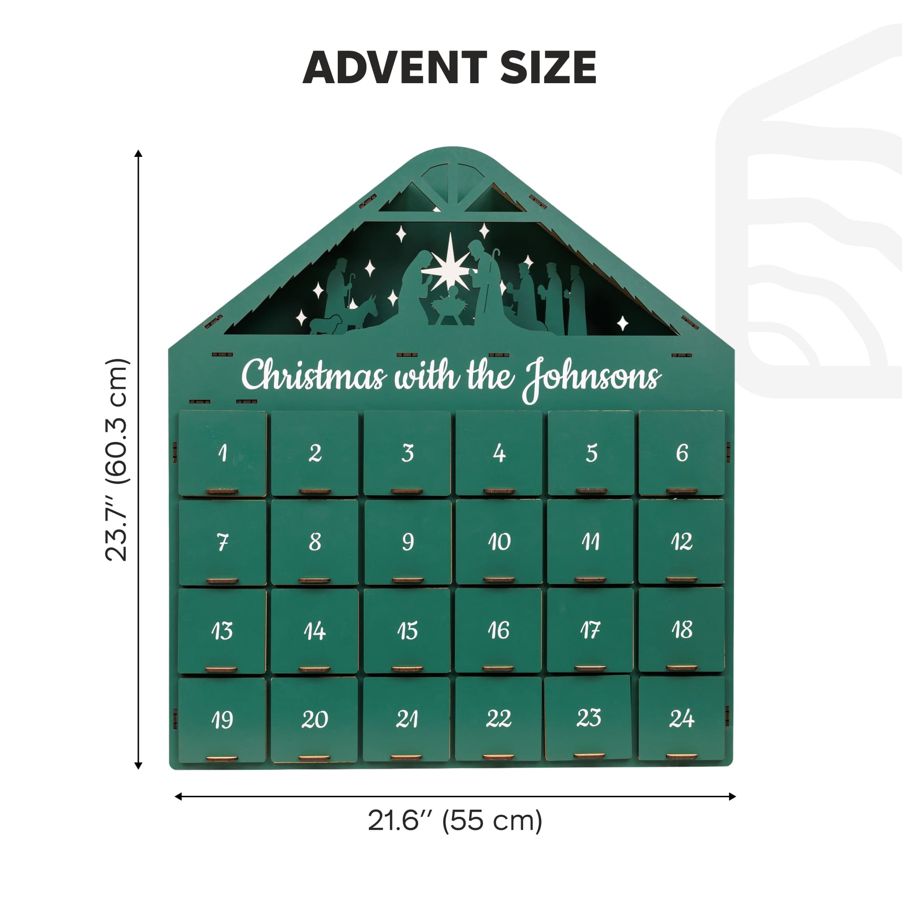 Green Christmas Advent Calendar by Enjoy The Wood with numbered compartments for holiday countdown.