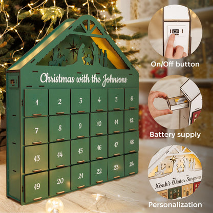 Green Christmas Advent Calendar by Enjoy The Wood featuring numbered doors and festive holiday design for counting down to Christmas.