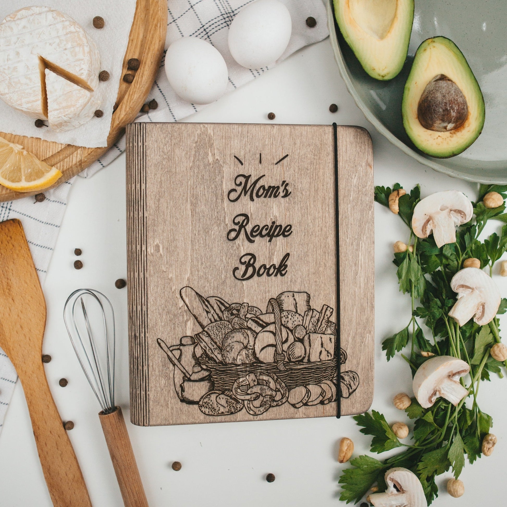 Enjoy The Wood recipe book basket with a cozy basket and open recipe book, perfect for cooking and kitchen organization.