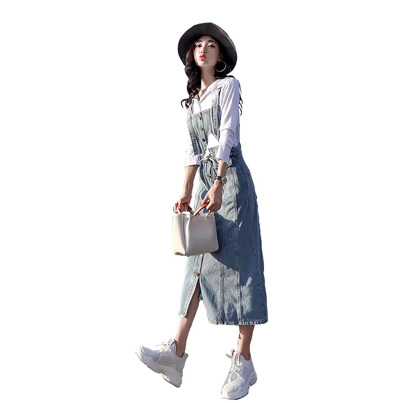 Button Strap Denim Dress, Denim Overall Dress