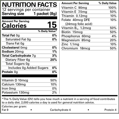 AmBari Nutrition Ensulate Fiber supplement nutrition facts label showing dietary fiber content and ingredients.