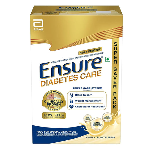 Dista Ensure Diabetes Care Powder in vanilla flavor, sugar-free health drink mix in a container with a scoop and vanilla flavor label.
