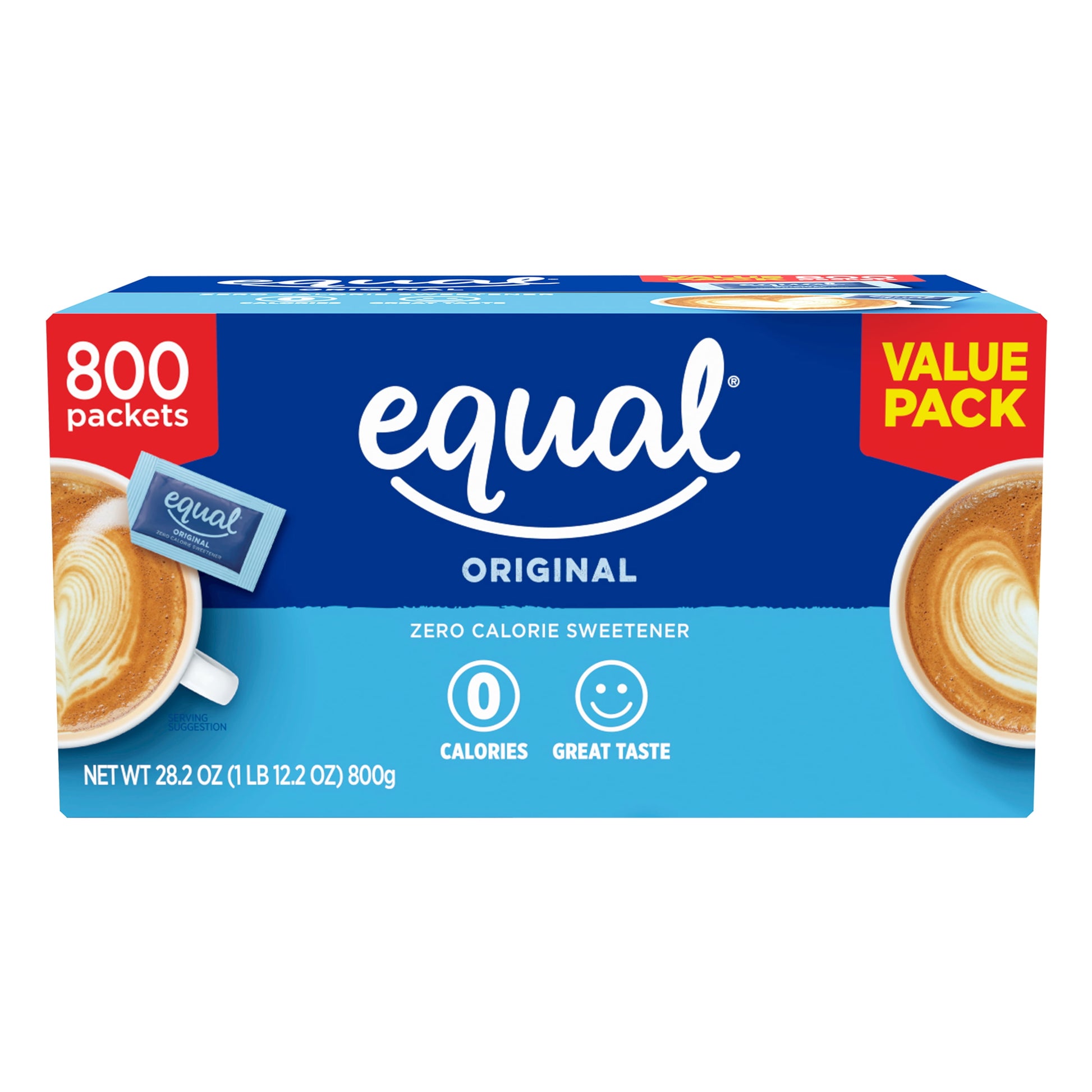 Equal Zero Calorie Sweetener sugar substitute packets, 800 count, with individual white packets displayed on a clean background.