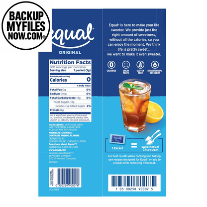 Equal Zero Calorie Sweetener sugar substitute packets, 800-pack box with individual packets for coffee or tea.