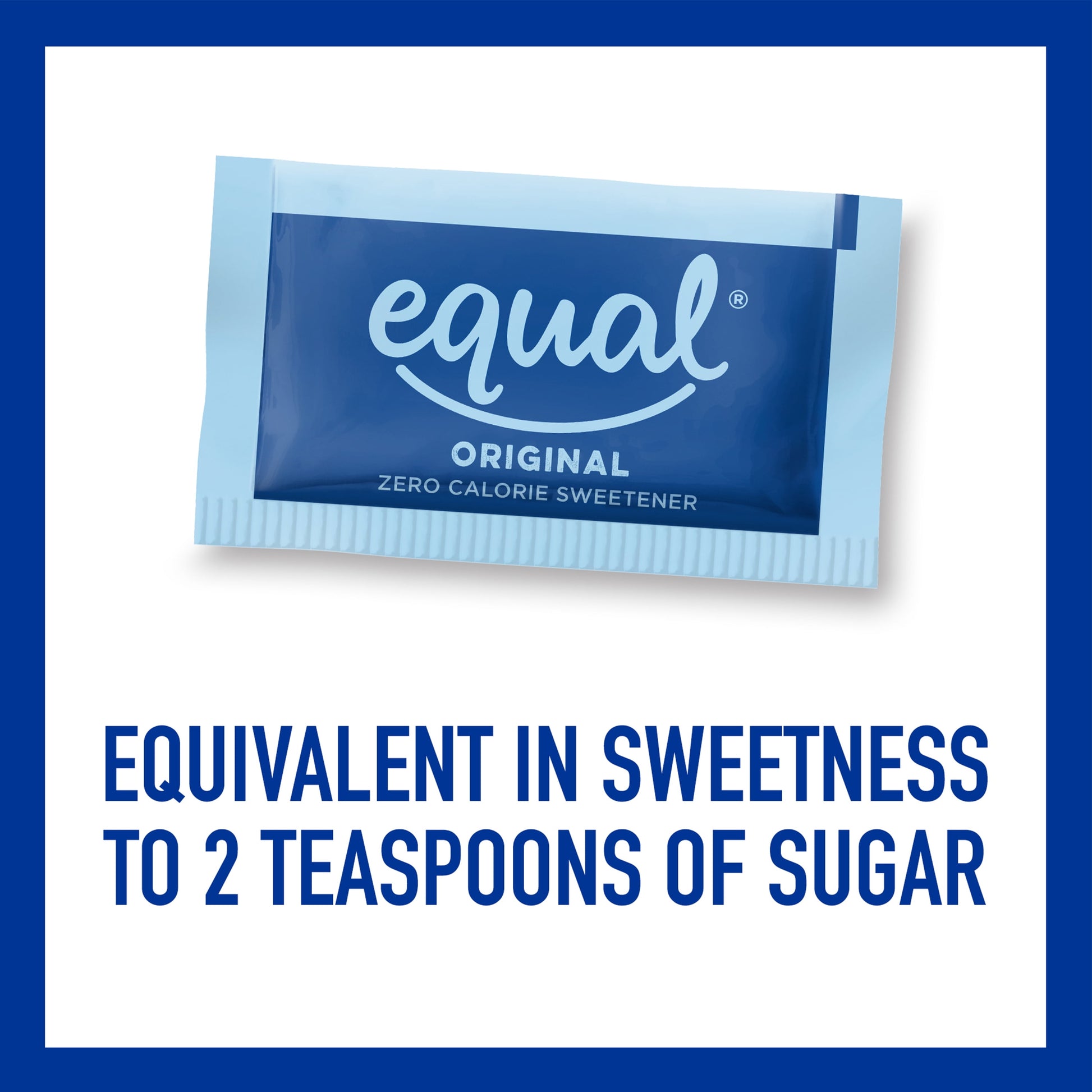 Equal Zero Calorie Sweetener sugar substitute packets, 800-count, with individual packets showing brand logo and sweetener packaging.