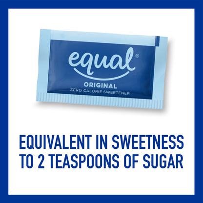 Equal Zero Calorie Sweetener sugar substitute packets, 800-count, with individual packets showing brand logo and sweetener packaging.