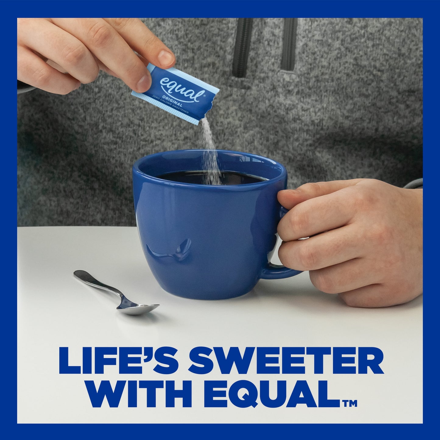 Equal Zero Calorie Sweetener packets, sugar substitute, 800-pack, individual white packets with blue and yellow branding.