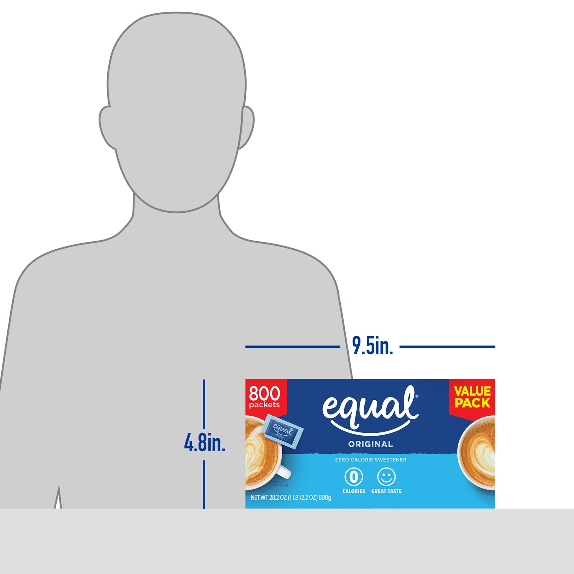 Box of Equal Zero Calorie Sweetener sugar substitute packets, 800 individual servings for low-calorie sweetening.