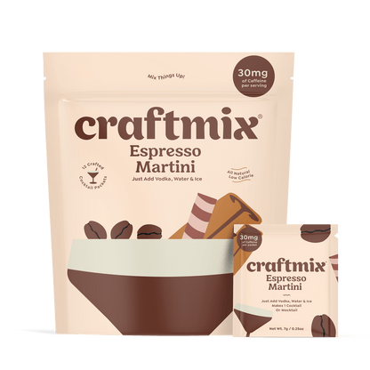 Craftmix Espresso Martini cocktail in a glass with coffee beans, showcasing a rich, dark espresso flavor and elegant presentation.