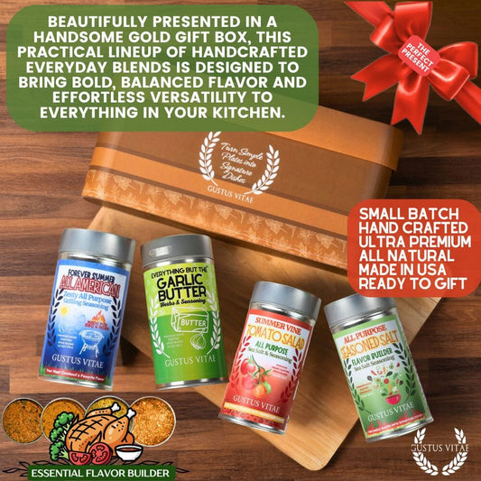 Gustus Vitae Essential Flavor Builder all-purpose seasonings gift set with four bottles, ideal for enhancing various dishes.