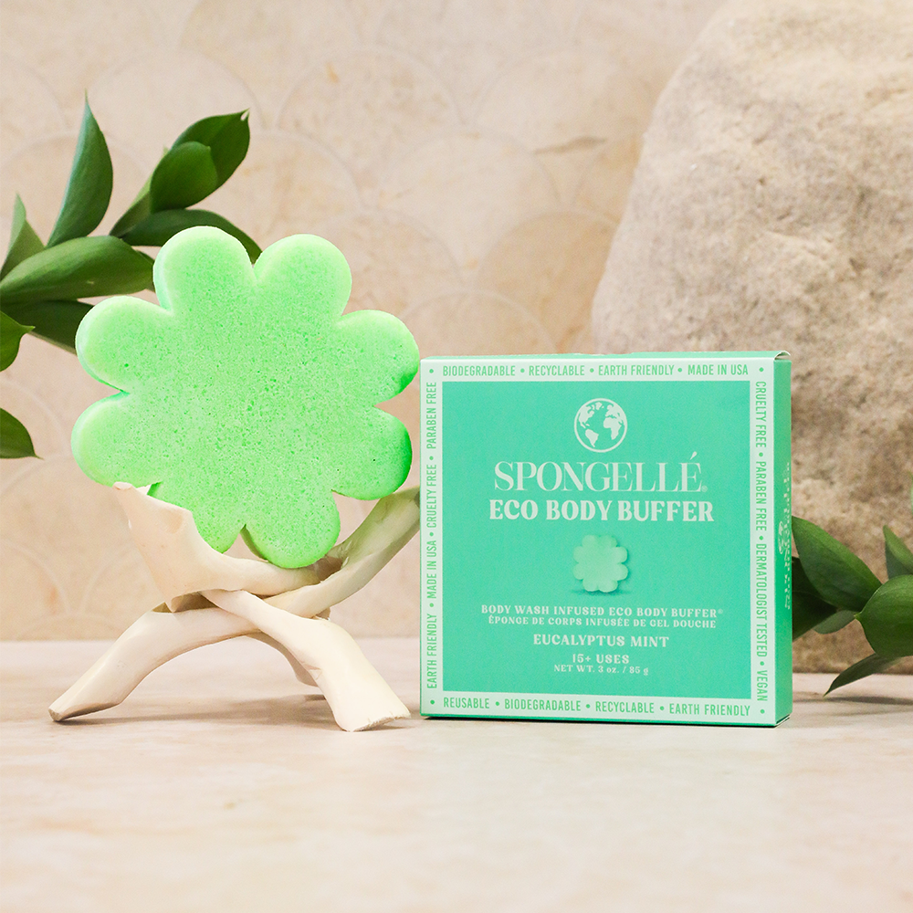 Eucalyptus Mint Eco Body Buffer by Spongellé, a body wash-infused exfoliating buffer with fresh eucalyptus and mint scent.