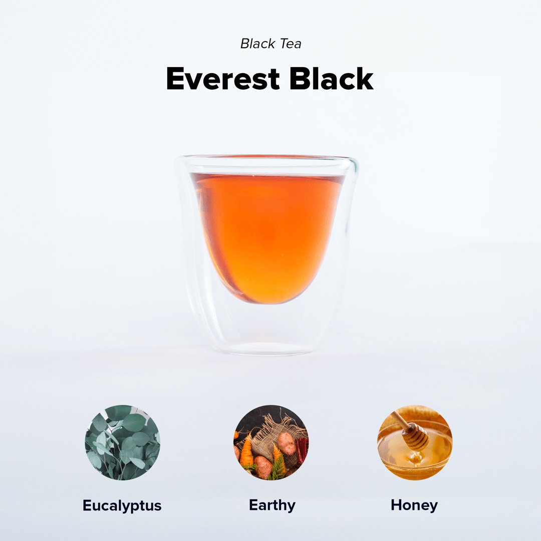 Nepal Tea Everest Black tea in a cup, showcasing dark brewed tea with a rich aroma and natural black tea leaves.