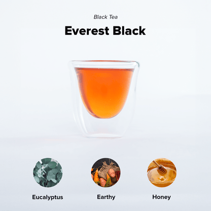 Nepal Tea Everest Black tea in a cup, showcasing dark brewed tea with a rich aroma and natural black tea leaves.