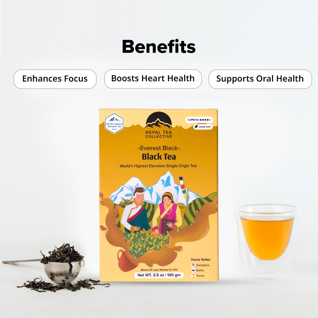 Nepal Tea Everest Black tea in a tea bag, showcasing dark black leaves and packaging with mountain imagery.