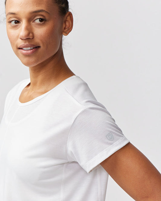 White Goal Five G5 Everyday Women's Performance Workout Top for training, shown from side view.