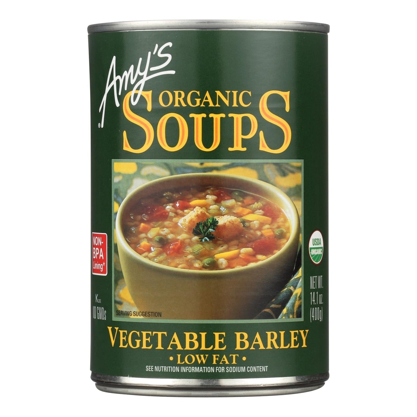 Amy's Organic Veggie Barley Soup in 14.1 oz cans, low-fat, 12-pack, featuring fresh vegetables and hearty barley from Everyday Supply Co.