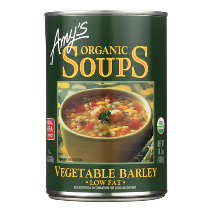 Amy's Organic Veggie Barley Soup in 14.1 oz cans, low-fat, 12-pack, featuring fresh vegetables and hearty barley from Everyday Supply Co.