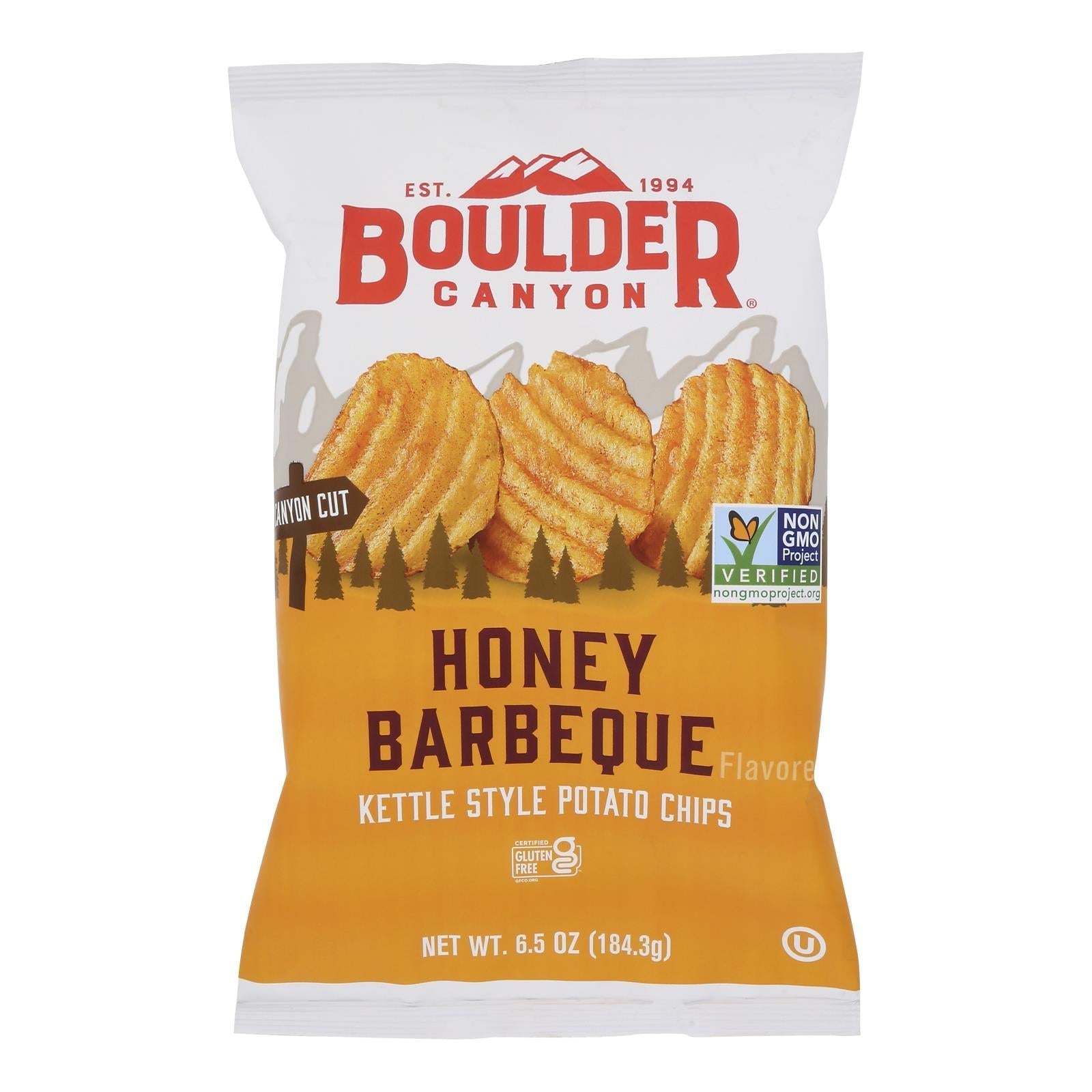 Boulder Canyon Honey BBQ Chips in a 12-pack, crispy snack bags from Everyday Supply Co, featuring honey BBQ flavor.