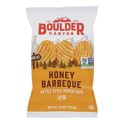 Boulder Canyon Honey BBQ Chips in a 12-pack, crispy snack bags from Everyday Supply Co, featuring honey BBQ flavor.