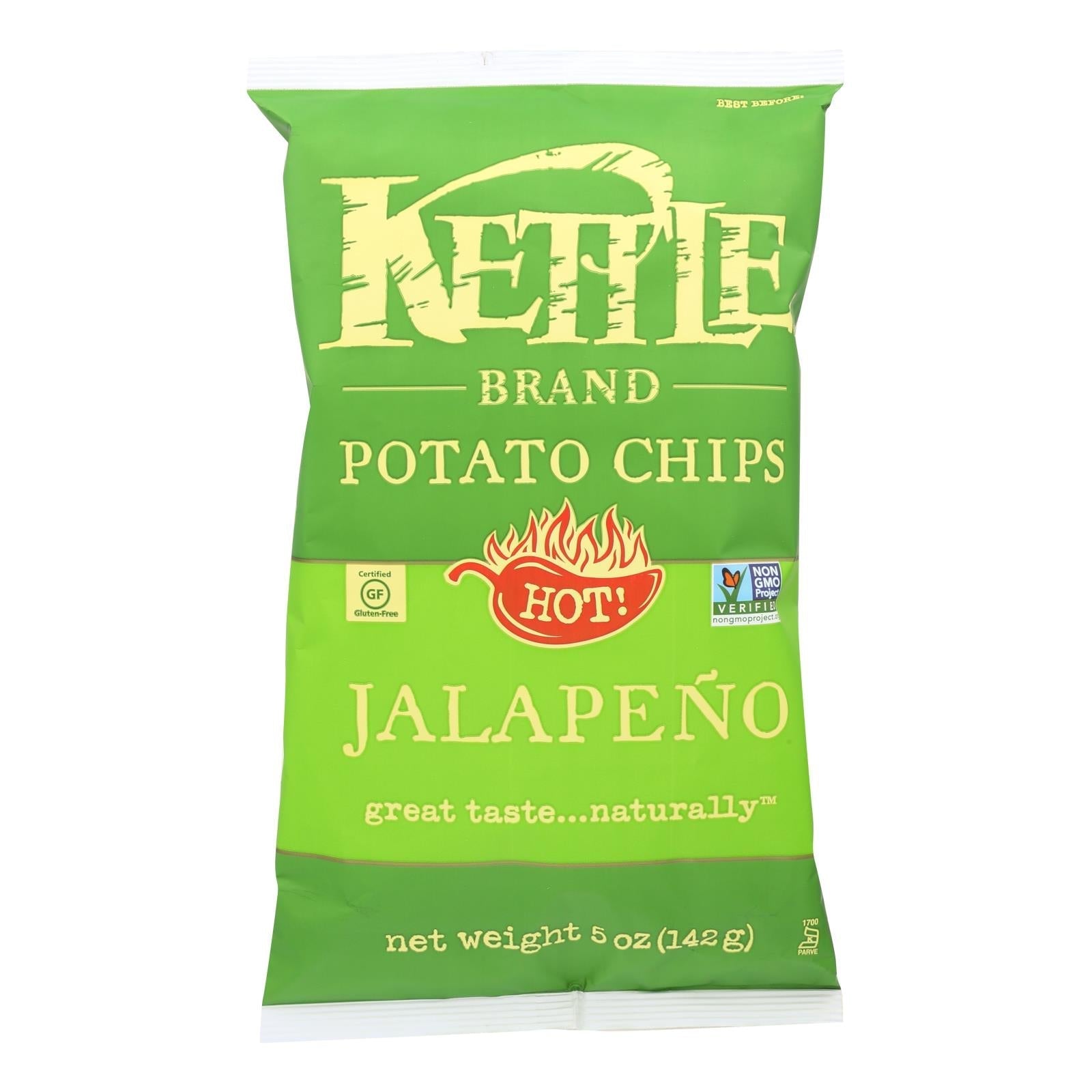 Kettle Brand Jalapeno Potato Chips in a case of 15, 5 oz bags, crispy snack with spicy jalapeno flavor by Everyday Supply Co.