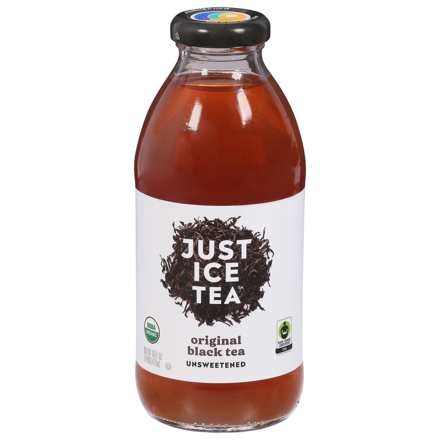 Cold black tea in a clear plastic bottle labeled "Just Ice Tea" by Everyday Supply Co, 12-16 oz size.