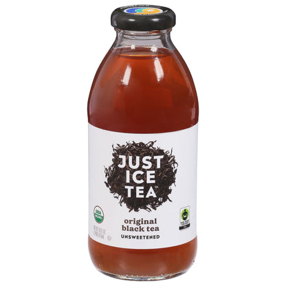 Cold black tea in a clear plastic bottle labeled "Just Ice Tea" by Everyday Supply Co, 12-16 oz size.