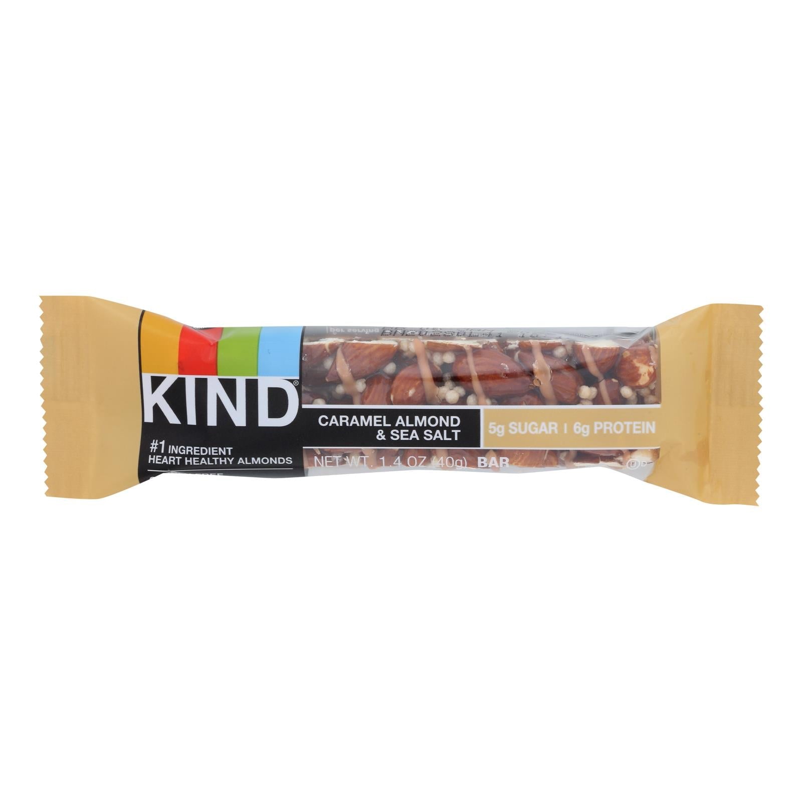 Kind Caramel Almond Sea Salt bar, 1.4 oz, from Everyday Supply Co, shown in a case of 12, with caramel, almonds, and sea salt.