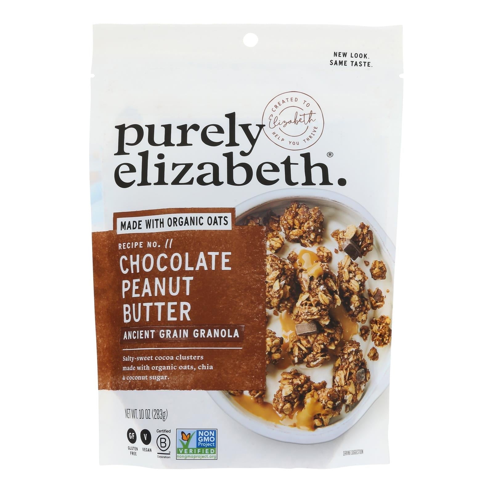 Purely Elizabeth Choc Sea Salt & PB Granola in a 6-pack, featuring crispy granola clusters with chocolate, sea salt, and peanut butter.