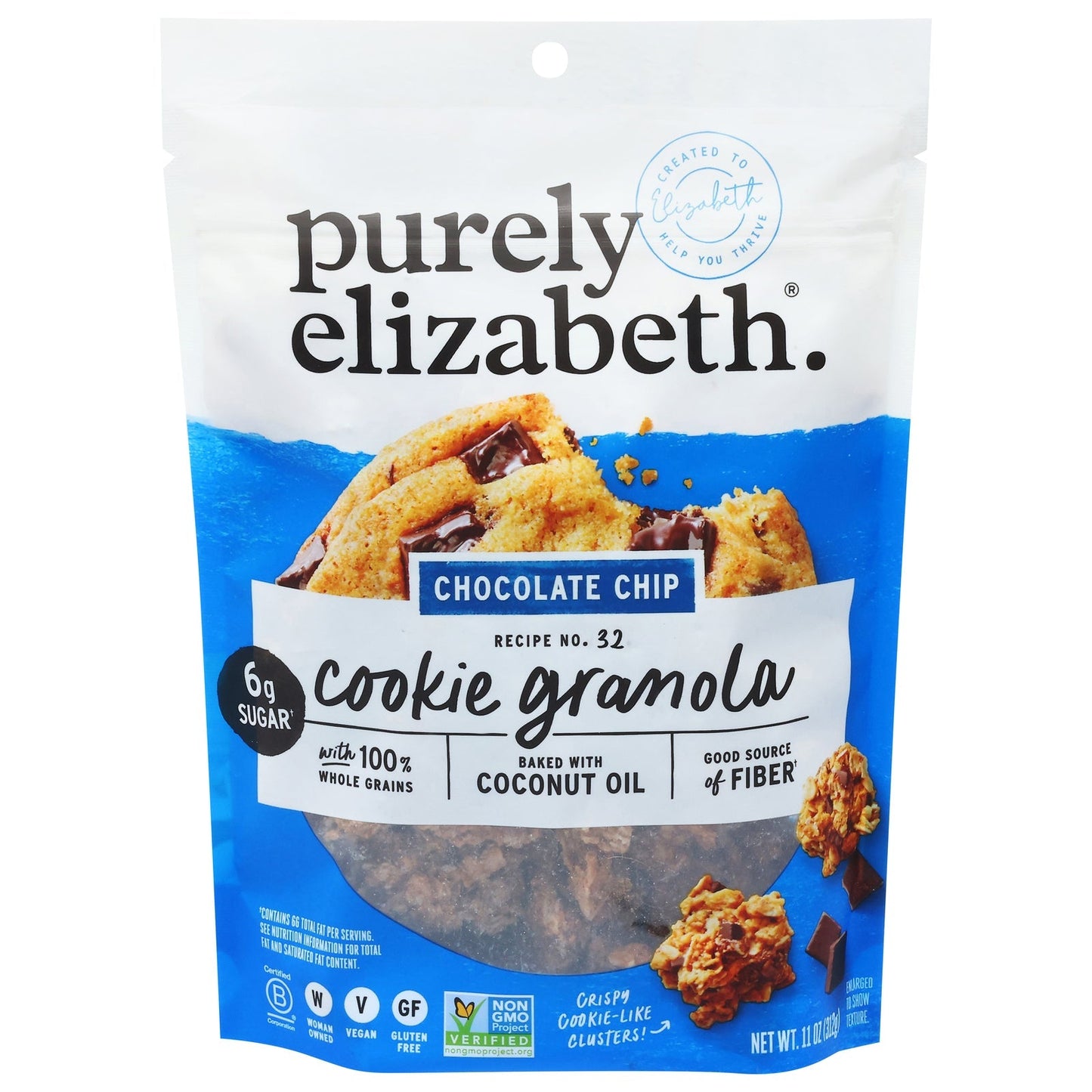 Purely Elizabeth Cookie Granola Choc Chip, 6-11 oz, in a resealable bag, with chocolate chips visible in the crunchy granola.