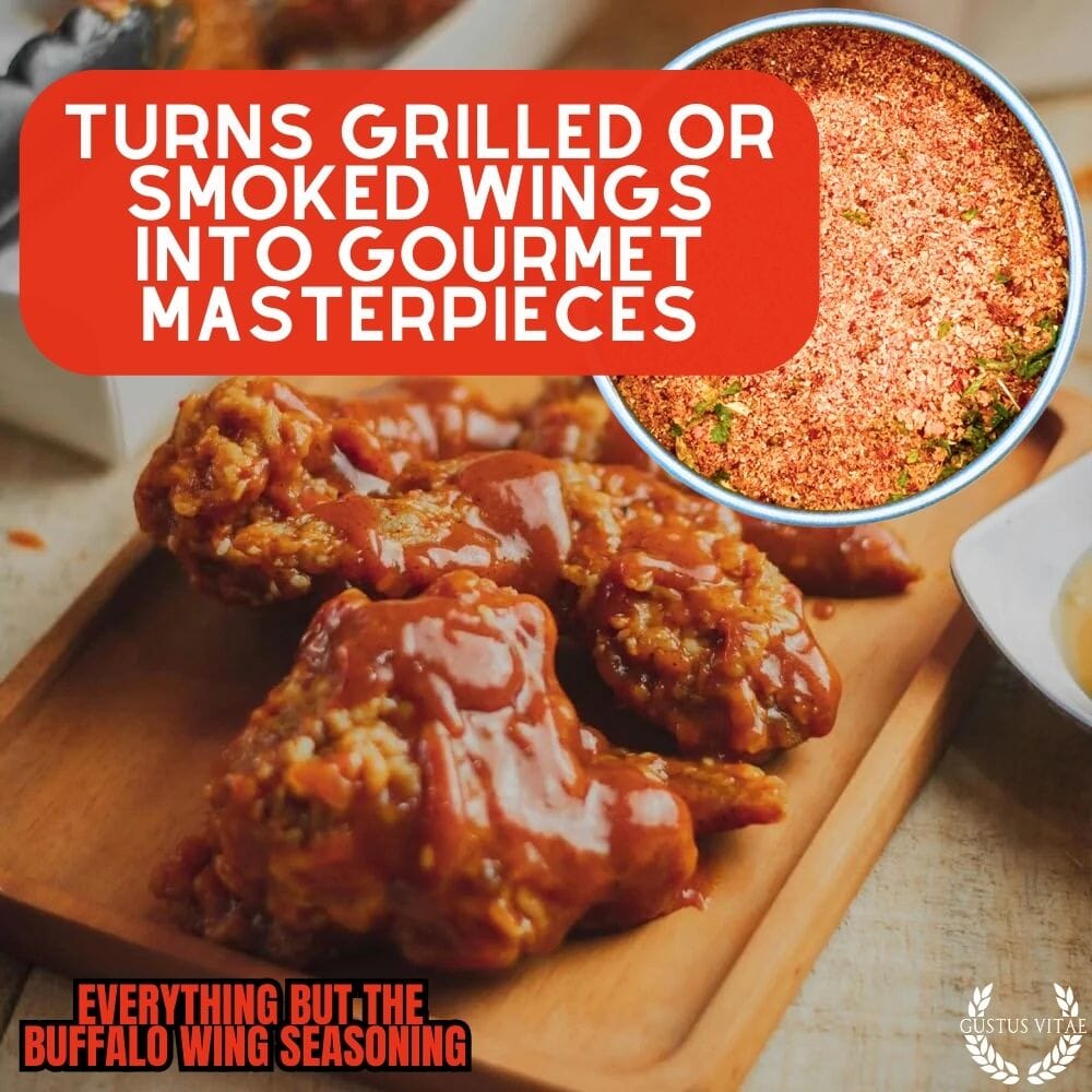 Gustus Vitae Everything But The Buffalo Wing Seasoning, gourmet spice blend in a jar, perfect for flavorful wing dishes.