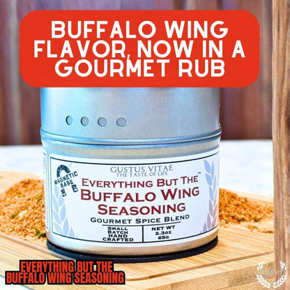Gustus Vitae Everything But The Buffalo Wing Seasoning in a jar, gourmet seasoning blend for flavorful dishes.