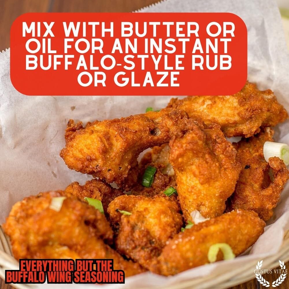Gustus Vitae Everything But The Buffalo Wing Seasoning in a spice jar, gourmet seasoning for flavorful wings and dishes.