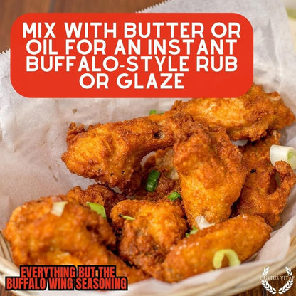 Gustus Vitae Everything But The Buffalo Wing Seasoning in a spice jar, gourmet seasoning for flavorful wings and dishes.